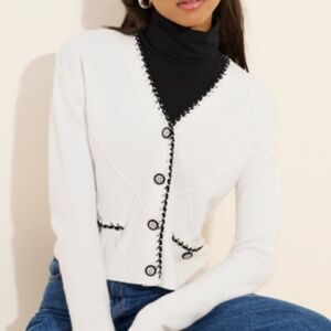 Laundry Shelli Segal Diamond texture ivory cardigan black contrast trim tweed M